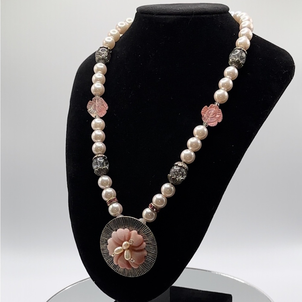 *RARE* Genuine Rose Quartz + Faux Pink Pearl Tibetan Silver Necklace